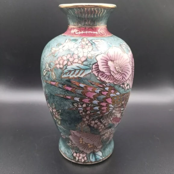 EUC Vintage Cloisonne Teal Purple Gold Tone Floral Vase Pot 5.5" Tall!! - Picture 3 of 6